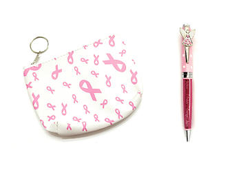 Pink Ribbon Coin Purse w/ Key Rring & Ballpoint Pen Emblem Set