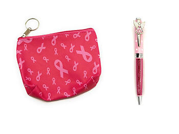 Pink Ribbon Coin Purse w/ Key Rring & Ballpoint Pen Emblem Set