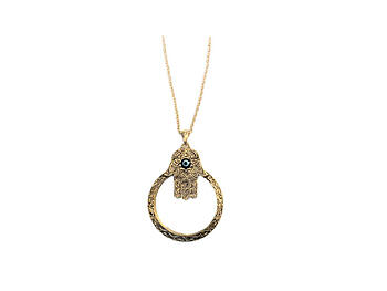 Goldtone Hamsa Hand Of Fatima Magnifying Glass Pendant Necklace