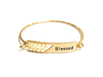 Blessed Engraved Wire Wrapped Metal Faceted Bead Wire Hook Clasp Bangle Bracelet