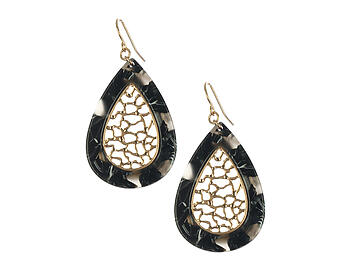 Black Matte Finish Metal Filigree Teardrop Natural Stone Finish Earrings