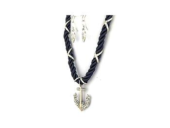 Navy & Silvertone Anchor Pendant Nylon Cord Necklace Set