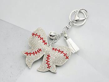 Baseball Sports Ball Bow Tassel Bling Faux Suede Stuffed Pillow Key Chain