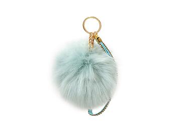 Light Blue Faux Fur Pom Pom and Suede Jeweled Hand Holder Keychain