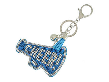 Light Blue & Clear Cheer Bullhorn Faux Suede Tassel Stuffed Pillow Key Chain Handbag Charm