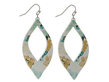 Blue Floral Pattern Cutout Oval Faux Leather Fishhook Earrings
