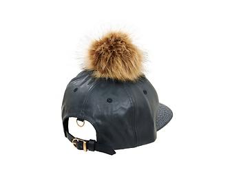 Navy Faux Leather Pom Pom Snapback Baseball Hat Cap w/ Watch Strap Closure
