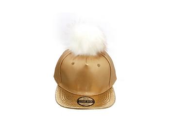 Gold Faux Leather Pom Pom Snapback Baseball Hat Cap w/ Watch Strap Closure