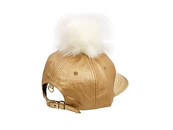 Gold Faux Leather Pom Pom Snapback Baseball Hat Cap w/ Watch Strap Closure
