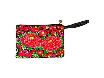 Large Flower Embroidered Fabric Cosmetic Pouch w/ Zipper Closure & Wrist Strap