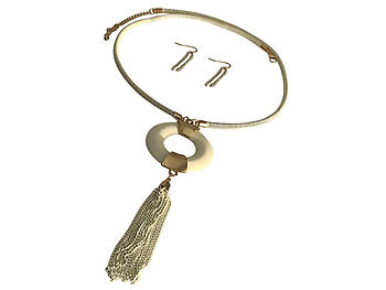 White and Goldtone Circle Drop Tassel Long Necklace & Earring Set