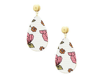 Beige Worn Flower Printed Fabric Teardrop Earrings