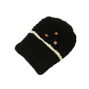 Black Crochet Toboggan Hat with Lace Trim
