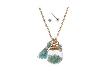 Goldtone Dainty Globe Necklace With Mini Turquoise Tassel