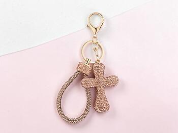 Rose Gold Metal Crystal Stone Cross Shaped Pendant Key Chain Handbag Charm