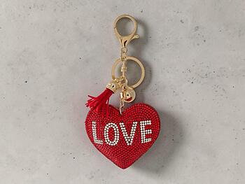 Red Love Heart Tassel Bling Faux Suede Stuffed Pillow Key Chain Handbag Charm