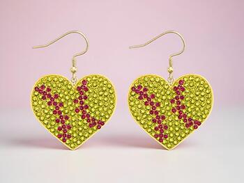 Softball Heart Rhinestone Bling Faux Suede Stuffed Pillow Drop Earrings