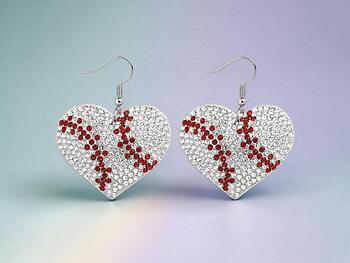 Baseball Heart Rhinestone Bling Faux Suede Stuffed Pillow Drop Earrings