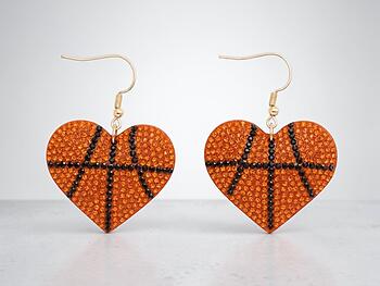 Basketball Heart Rhinestone Bling Faux Suede Stuffed Pillow Drop Earrings