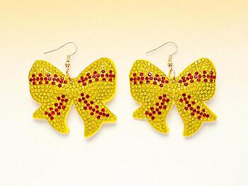 Softball Bow Rhinestone Bling Faux Suede Stuffed Pillow Drop Earrings