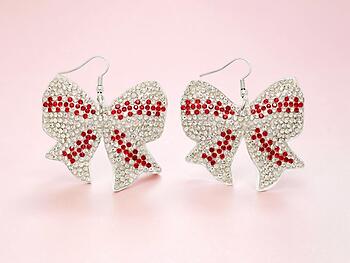 Baseball Bow Rhinestone Bling Faux Suede Stuffed Pillow Drop Earrings