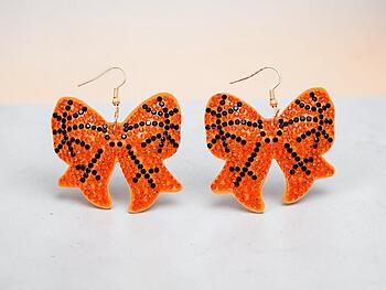 Basketball Bow Rhinestone Bling Faux Suede Stuffed Pillow Drop Earrings