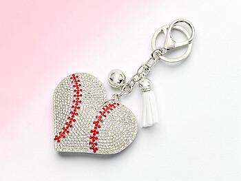 Baseball Heart Tassel Bling Faux Suede Stuffed Pillow Key Chain Handbag Charm