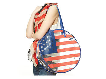 Round USA Flag Faux Leather Trim Clear Tote Bag