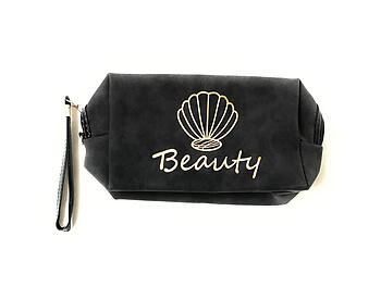 Black Faux Leather Beauty Cosmetic Travel Pouch with Detachable Wristlet