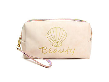 Ivory Faux Leather Beauty Cosmetic Travel Pouch with Detachable Wristlet