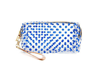Blue Clear Travel Pouch Wristlet Featuring Glitter Polka Dots