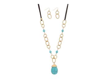Brown Faux Suede Leather Chain Link Necklace Set
