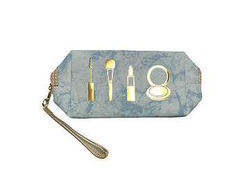 Blue Marble Look Faux Leather Cosmetic Pouch w/ Wristlet