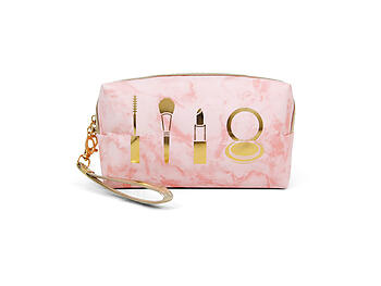 Pink Marble Look Faux Leather Cosmetic Pouch w/ Wristlet