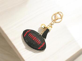 Black/Red Football Tassel Bling Faux Suede Stuffed Pillow Key Chain Handbag Charm