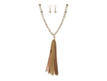 Ivory Colored Beaded Necklace Set w/ Tan Tassel