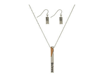 Message Stamped Two Tone Bar Pendant Necklace & Earring Set