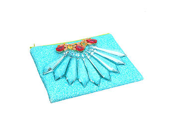 Colorful & Fun Glitter Jewel & Acrylic Accented Top Zipper Fashion Clutch ~ Style 6180