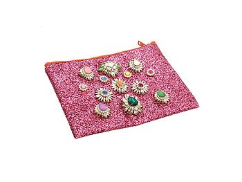 Colorful & Fun Glitter Jewel & Acrylic Accented Top Zipper Fashion Clutch ~ Style 6184