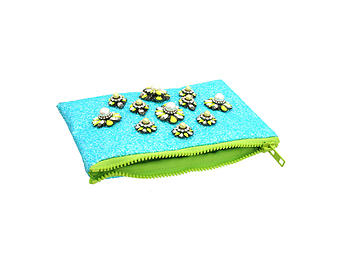 Colorful & Fun Glitter Jewel & Acrylic Accented Top Zipper Fashion Clutch ~ Style 6190