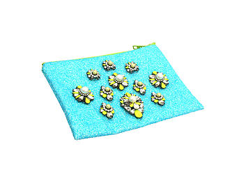 Colorful & Fun Glitter Jewel & Acrylic Accented Top Zipper Fashion Clutch ~ Style 6190