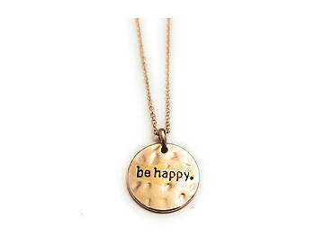 Goldtone Hammered Pattern Round Be Happy Necklace