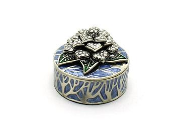 Blue Deco Enamel and Crystal Flower Jewelry Trinket Box