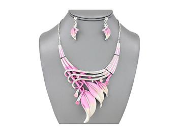 Pink Etched Metal Leaf Art Deco Style Collar Necklace Stud Earrings Set