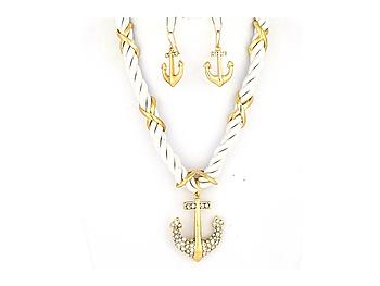 Goldtone & White Anchor Pendant Nylon Cord Necklace Set