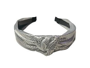 White Metallic Dots Fabric Fashion Headband w/ Top Knot