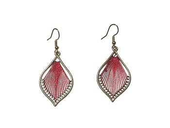 Goldtone Red Teardrop String Art Fish Hook Dangle Earrings