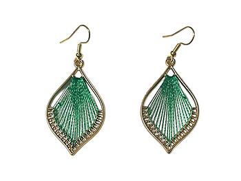 Goldtone Green Teardrop String Art Fish Hook Dangle Earrings
