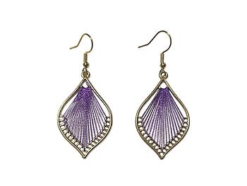 Goldtone Purple Teardrop String Art Fish Hook Dangle Earrings
