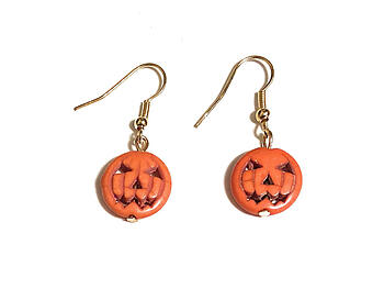 Semiprecious Stone Pumpkin Face Halloween Themed Fishhook Earrings